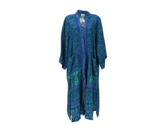 Kimono Robe aus recycelter Sari - Upcycled Saree Maxi Kimono - Strand Kaftan - Boho Strandüberzug - Blauer Türkis Paisley Kimono - Handwerklich