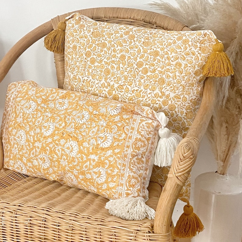 Organic Yellow Block Print Cushion Cover  Ethical Fair Trade image 5