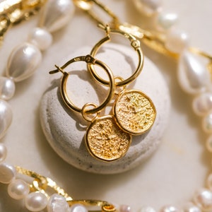 Mini Lakshmi Coin Drop Hoop Earrings - Lakshmi Charm Hoops - Gold Vermeil Laxmi Hoops - Ethical Artisan Fair Trade - Gold Coin Hoop Earrings