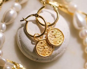 Mini Lakshmi Coin Drop Hoop Earrings - Lakshmi Charm Hoops - Gold Vermeil Laxmi Hoops - Ethical Artisan Fair Trade - Gold Coin Hoop Earrings