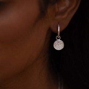 Mini Lakshmi Coin Drop Hoop Earrings - Lakshmi Charm Hoops - Silver Laxmi Hoops - Ethical Artisan Fair Trade - Silver Coin Hoop Earrings