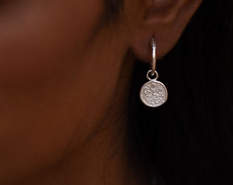 Mini Lakshmi Coin Drop Hoop Earrings - Lakshmi Charm Hoops - Silver Laxmi Hoops - Ethical Artisan Fair Trade - Silver Coin Hoop Earrings
