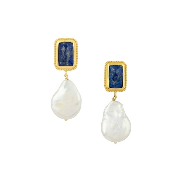 Baroque Pearl Lapis Earrings - Baroque Pearl Drop Earrings Gold Vermeil - Lapis Lazuli Pearl Earrings - Artisan Crafted Fair Trade Ethical