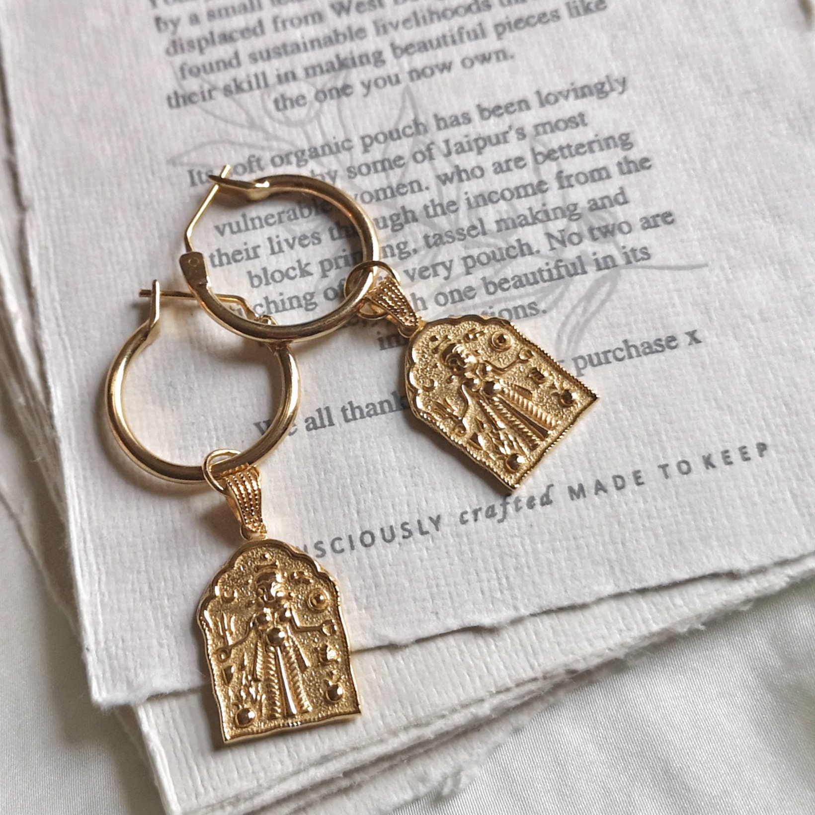 Kali Goddess Amulet Hoops / Gold Ancient Coin Hoops - Goddess Coin Earrings- Fair trade ethical- Statement earring - 22ct gold plate silver