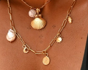 Serendipity Charm Necklace - Charm Pearl Necklace - Lakshmi Hamsa Moon Sun Necklace - Boho Charm Necklace - Spiritual Charm Necklace