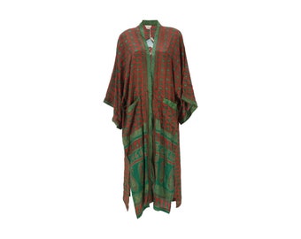 Long Kimono Upcycled Saree - Recycled Sari Kimono - Silky Maxi Robe - Boho Beach Cover Up - Red Paisley Kimono - Long Kaftan - Artisan
