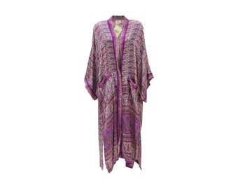 Recycelter Saree-Kimono – Upcycled Sari-Kimono – seidiger Strandbezug – Maxi-Kaftan – lila Paisley-langer Kimono – Boho-Kimono – handgefertigt