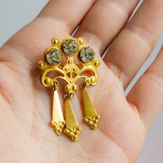 Russian vintage gold tone brooch Vintage USSR. Crystal brooch Soviet jewellery