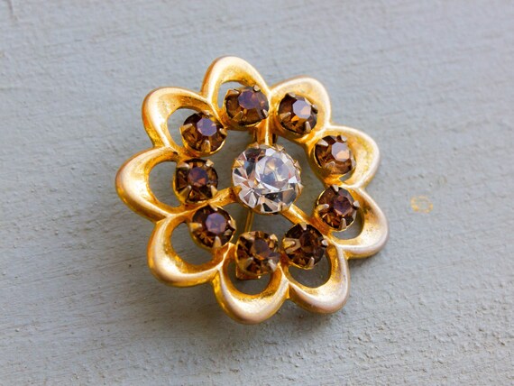 Amber rhinestone brooch Vintage flower brooch Gold crystal | Etsy