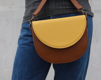 Minimalist Leather Crossbody Saddle bag - Brown Yellow Two tone convertible travel Handbag replaceable leather strap gift for her