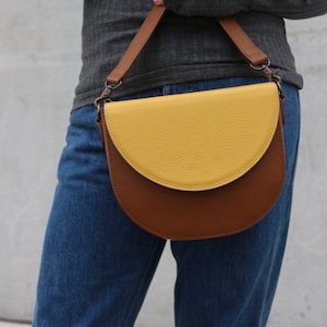 Minimalist Leather Crossbody Saddle bag Brown Yellow Two tone convertible travel Handbag replaceable leather strap gift for her image 1