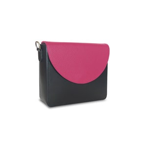 Leather Shoulder bag, saddle bag, flap over bag Black Hot Pink Handbag by ulloo, gift for her Valentine's gift image 4