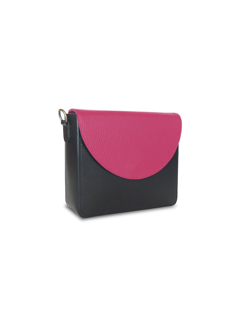 Leather Shoulder bag, saddle bag, flap over bag Black Hot Pink Handbag by ulloo, gift for her Valentine's gift image 4