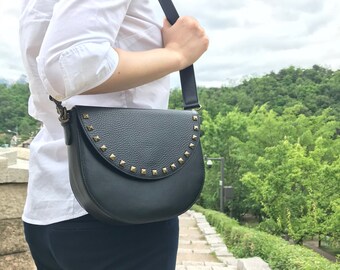 Leather Shoulder bag crossbody bag Saddle bag flap over bag Black leather bag Black Studs handbag by ulloo gift for her valentine's gift