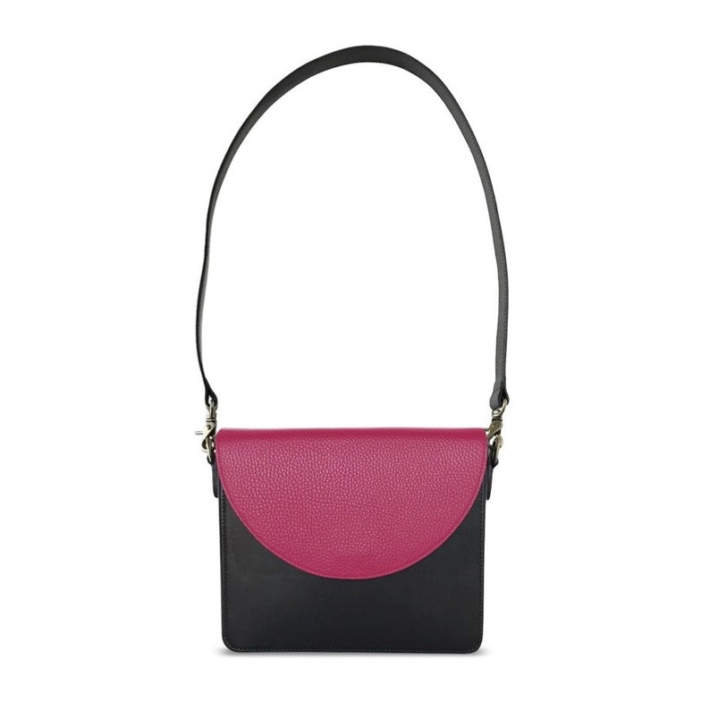 Leather Shoulder bag, saddle bag, flap over bag Black Hot Pink Handbag by ulloo, gift for her Valentine's gift image 2