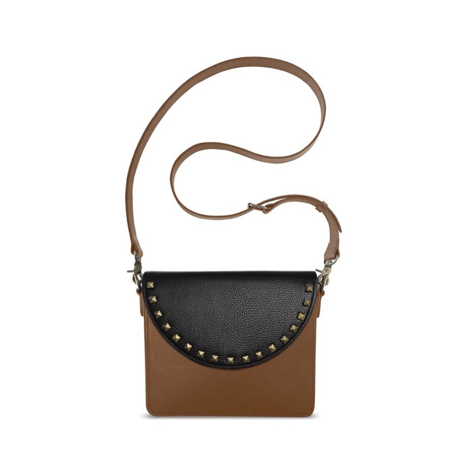 Leather Crossbody Bag Saddle Bag Leather Handbag Brown Bag Black Studs