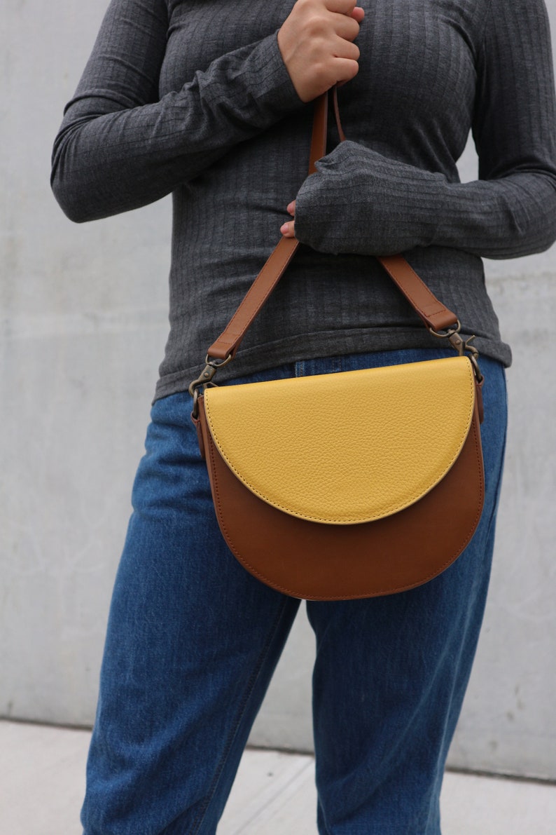 Minimalist Leather Crossbody Saddle bag Brown Yellow Two tone convertible travel Handbag replaceable leather strap gift for her image 1