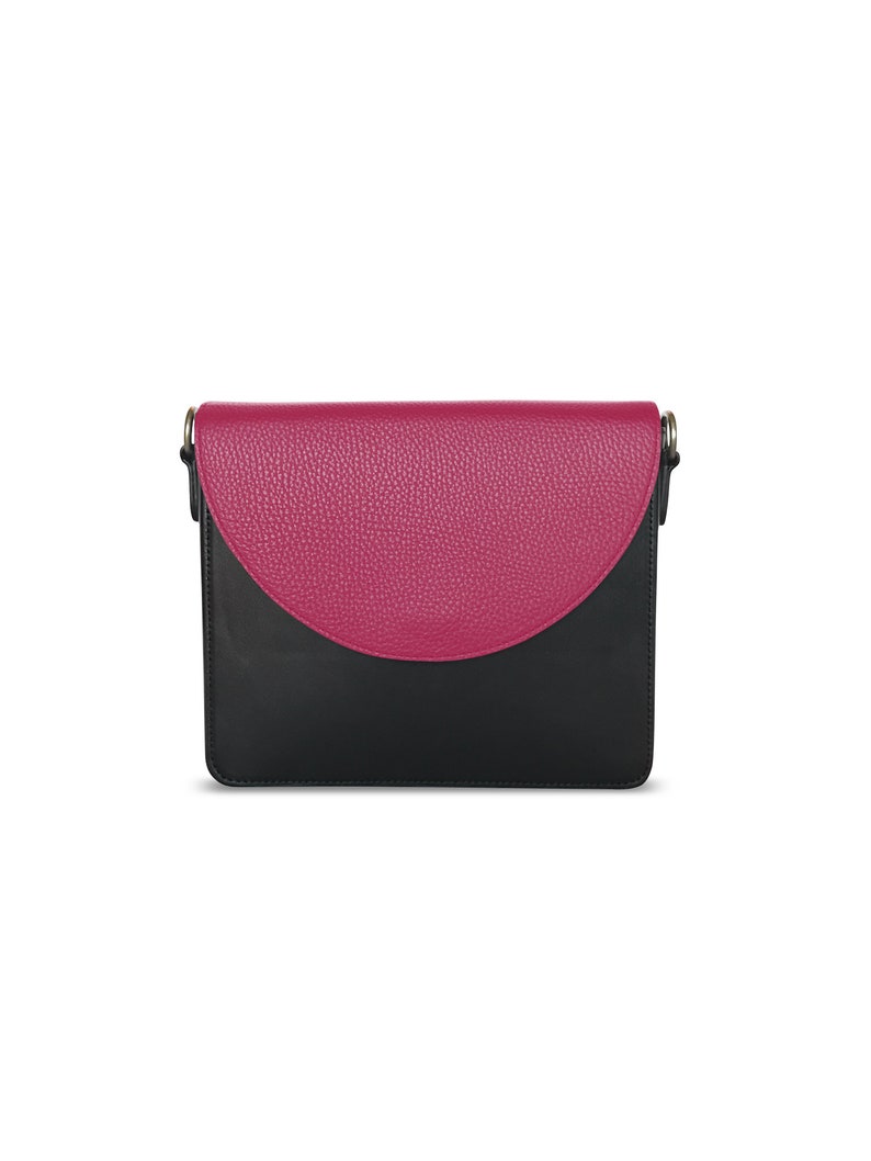 Leather Shoulder bag, saddle bag, flap over bag Black Hot Pink Handbag by ulloo, gift for her Valentine's gift image 3