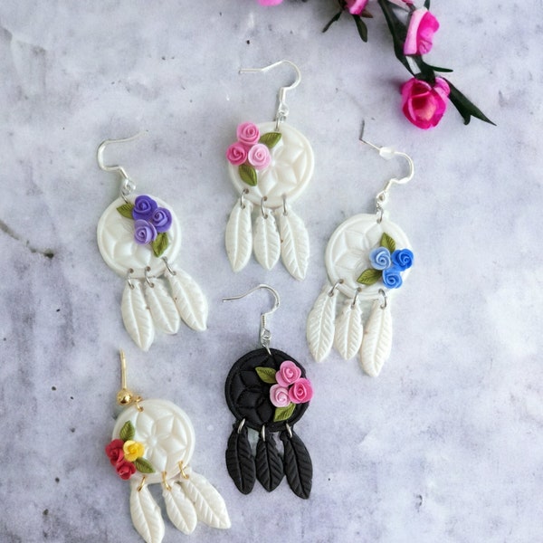 Boucles d'oreilles Attrape reve fleurs en fimo et acier inoxydable