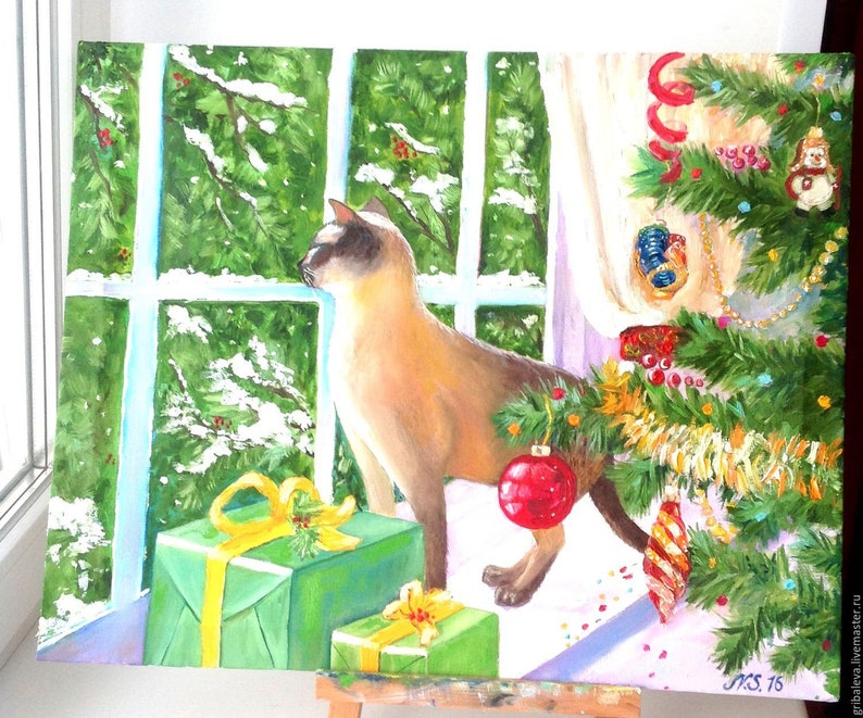 New Year painting Pet Portraits Custom Portrait New Year Christmas painting Cat Portrait Cat painting Christmas painting