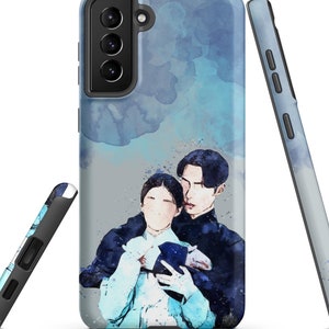 May include: A smartphone case with a watercolour illustration of a couple embracing. The case has a blue and grey watercolour background. The phone case is shown from multiple angles.