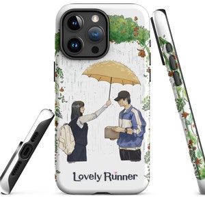 May include: A white phone case with a colorful illustration of a couple walking in the rain. The woman is holding an umbrella and the man is holding a package. The text "Lovely Runner" is printed on the case.
