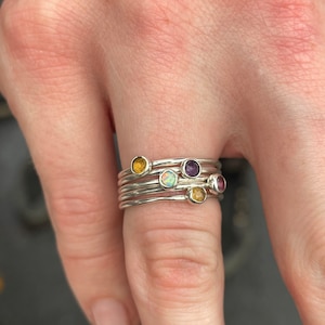 stackable solid 14k gold sterling silver cabochon dainty ring opal turquoise garnet amethyst aquamarine jade citrine gemstone birthstone