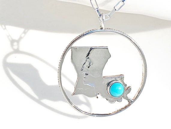 Louisiana State Quarter Pendant Necklace Turquoise Cabochon Coin