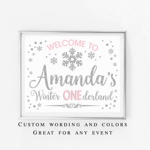 Winter onederland welcome sign, Snowflakes pink and silver first birthday welcome sign, winter onederland decorations girl, printable 005