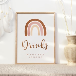 Drankjes teken afdrukbaar, Boho Rainbow Baby Shower Tafeldecoraties, Bruidsdouche, Verjaardagsfeestje, Help jezelf Instant download 014