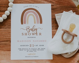 Editable  Rainbow Baby Shower Invitation, Bohemian Baby Shower Invitation Girl, Muted Earth tones, Gender Neutral Baby Shower template