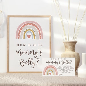 Boho Rainbow Qual o tamanho da barriga da mamãe, placa e cartões Jogo de chá de bebê para impressão, chá de bebê de menina arco-íris silenciado Download instantâneo 013