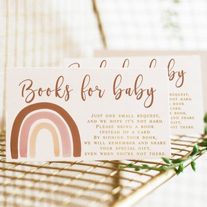 Livres pour cartes de bébé imprimables, Boho Rainbow Baby Shower Book Request Card Insert, Muted Apportez un livre au lieu d’une carte Téléchargement instantané 014