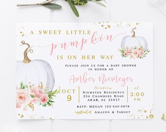 Editable White Pumpkin Baby Shower Invitation, Floral Blush Pink Gold Girl Baby Shower Template, Fall Baby shower, Instant Download 011