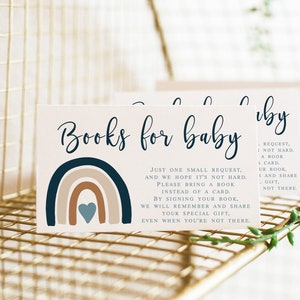 Livres pour cartes de bébé imprimables, Boho Blue Rainbow Baby Shower Book Request Card Insert, Apportez un livre au lieu d'une carte Téléchargement instantané 022