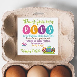 Paint Your Own Eggs tag with instructions, Happy Easter PYO Egg Carton Labels, 6 Pack Egg tag, 3.25 x 3" Printable, Instant download 019