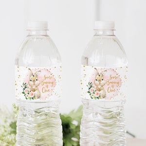 Some bunny is one water bottle labels printable, Floral bunny first birthday party, Blush pink and gold, Table decoration, Instant download