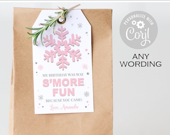 Editable S'more Birthday party Favor Tags Printable, Pink and silver Winter onederland decor, winter wonderland baby shower Instant Download