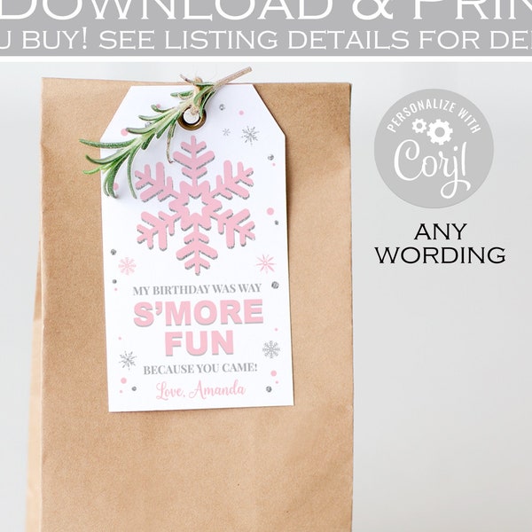 Editable S'more Birthday party Favor Tags Printable, Pink and silver Winter onederland decor, winter wonderland baby shower Instant Download
