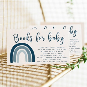 Boeken voor babykaarten afdrukbaar, Boho Blue Rainbow Baby Shower Book Request Card Insert, Breng een boek in plaats van een kaart Instant download 020