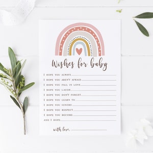 Tarjetas con deseos de arcoíris para bebés, juegos para baby shower imprimibles, arcoíris boho apagado de género neutro, consejos y deseos para bebés, descarga instantánea