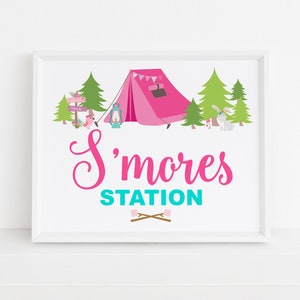 S'mores station, S'mores bar sign printable, Girl camping birthday party sign, Camp table decorations, Glamping Party, Instant Download 006