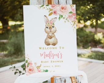 Pink and Gold Some Bunny Is One Birthday Party Bunny Welcome Sign Door Sign