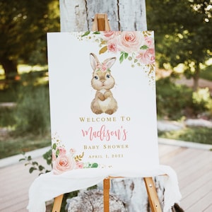 EDITABLE Bunny welcome sign printable, Some bunny is One, Bunny Baby shower welcome sign Girl 1st birthday poster Floral Blush pink gold 002