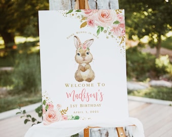 EDITABLE Girl Bunny 1st birthday welcome sign printable, Some bunny is One,  Floral Blush pink and gold, Customizable template Corjl 002