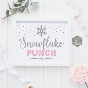 Snowflake punch sign printable, winter onederland decorations, pink and silver first birthday party, winter baby shower girl, 005