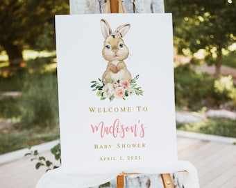 EDITIERBARE Bunny Willkommensschild druckbare, Some bunny is One, Bunny Baby Shower Willkommensschild Mädchen 1. Geburtstag Poster Floral Blush rosa gold 002