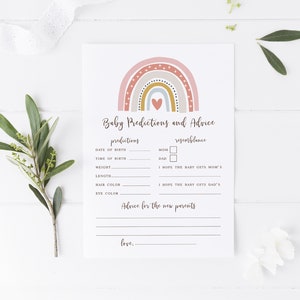 Predicciones y tarjetas de consejos para bebés arcoíris, Juegos de baby shower imprimibles, Boho Neutral de género, Tarjetas de predicción de bebés silenciadas Consejos para padres