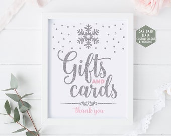 Cards and Gifts sign printable, winter onederland decorations, pink and silver first birthday party, winter baby shower girl 005