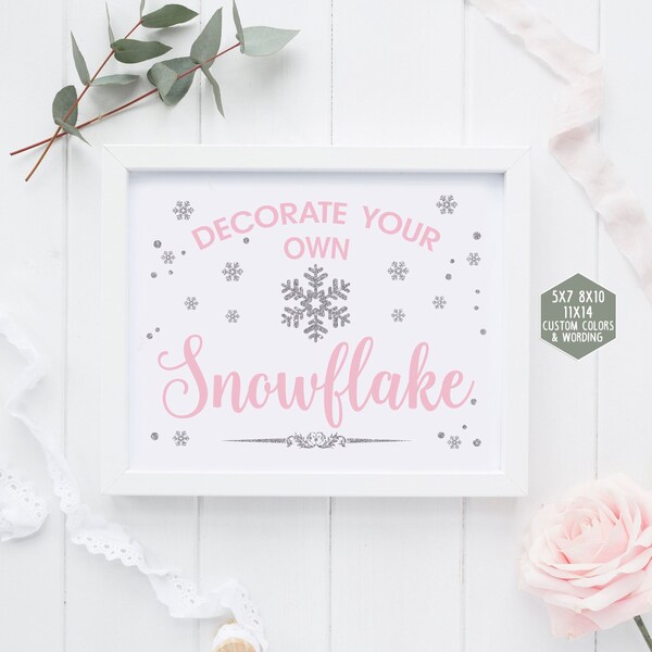 Decorate your own snowflake sign printable, winter onederland decorations, pink and silver first birthday party, winter baby shower girl 005